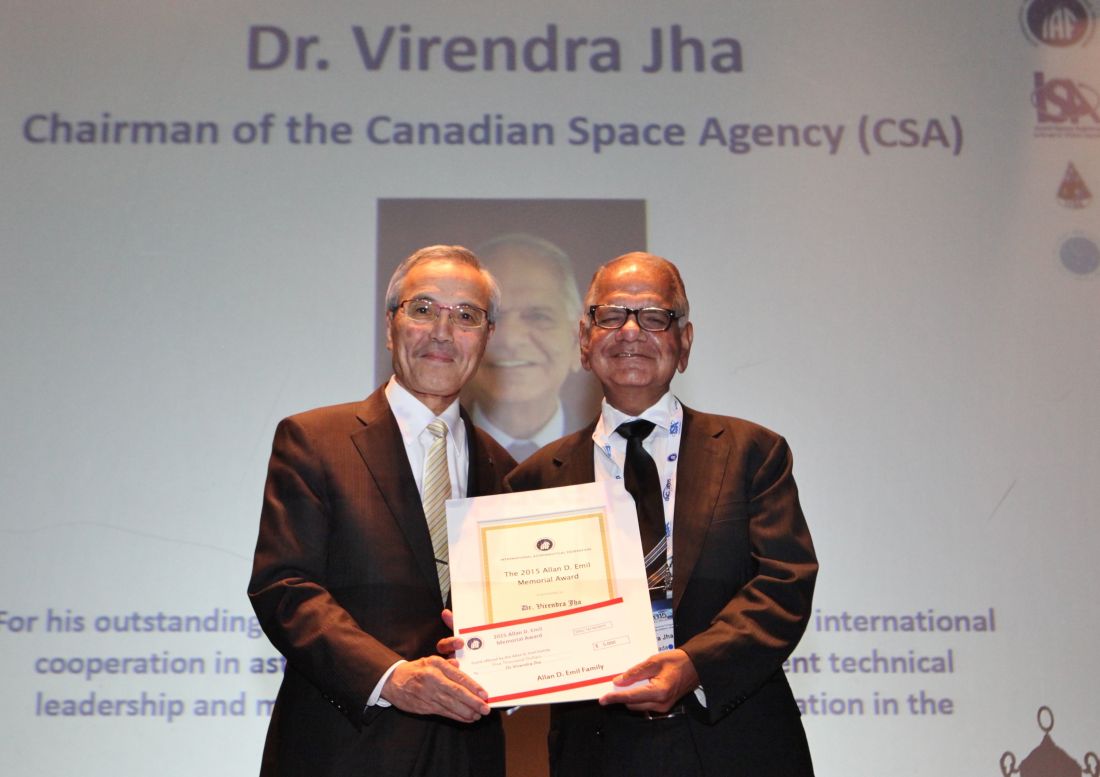 Dr. Virendra Jha recieving the Allan D. Emil Memorial Award at the International Astronautical Congress 2015 in Jerusalem, Israel. 