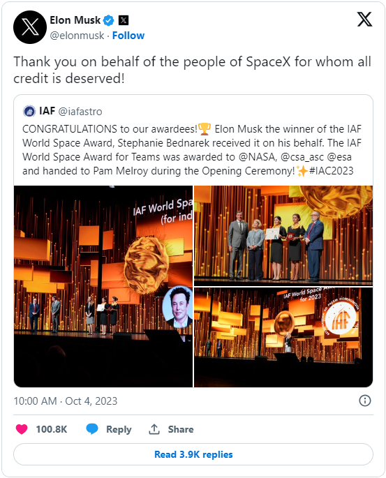IAF World Space Award 2023 to Elon Musk